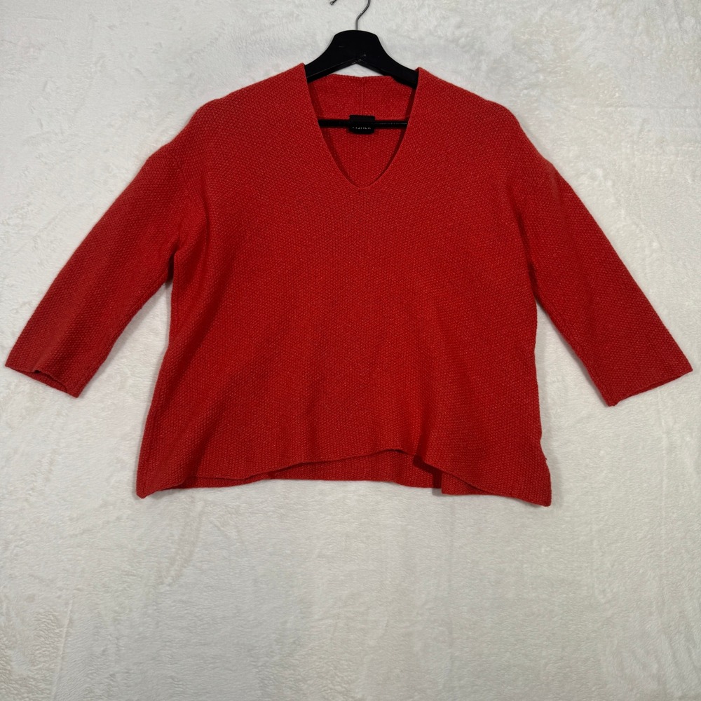 Eileen Fisher Sweater Womens XL Red Orange Boucle Knit V-Neck Boxy 3/4 Sleeve